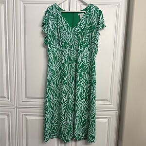 London Times Plus Sz 14W V-Neck Ruffle Sleeve Midi Dress Green/White Leaf Print